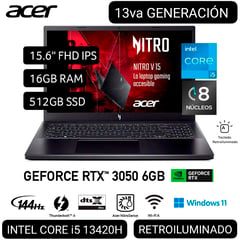 ACER - LAPTOP GAMER NITRO V15 ANV15-51-526M i5 13° GEN. 15.6 FHD IPS 144Hz 16GB 512GB SSD RTX3050 6GB W11