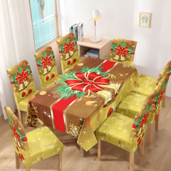 SALA FABULOSA - Funda de Silla 8 piezas navideño con mantel 2.50 x 1.50 CAMPANA GOLDEN