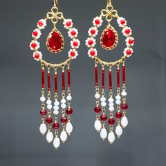 GENERICO - Aretes Largos con cristal Rojo y Blanco Hecho a Mano