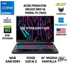 ACER - LAPTOP PREDATOR HELIOS NEO 16 CORE I7-13650HX 16GB RAM 512B SSD 8GB RTX4060 16" WIN11 AMERICANA