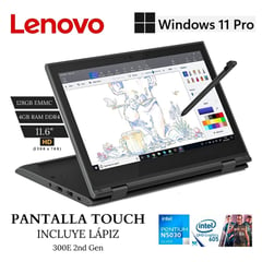 LENOVO - Laptop 300e 2nd Gen 116 HD 360° Touch Pentium Silver N5030 4GB DDR4 128GB EMMC W11 Pro NAO