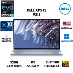 DELL - LAPTOP XPS 13 9315 CORE I7 1250U EVO 32GB RAM DDR5 1TB SSD 13.4" FHD WINDOWS 11 AMERICANA