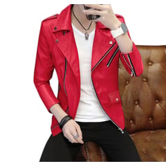 GENERICO - Casaca Biker para Hombre Cuero Poliuretano Slim Fit - ROJO