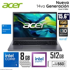 ACER - Laptop Aspire 15 Intel Core 5 120U 8GB LPDDR5 RAM 512GB SSD 15.6" FHD WIND 11 - A15-51P-57AR