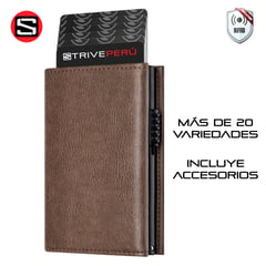 STRIVE - BILLETERA TARJETERO AUTOMÁTICO RFID CUERO TEXTURIZADO MATE MARRÓN