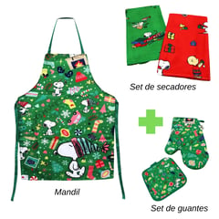 SNOOPY - Set de cocina navideño 3pzs Mandil secadores y guante