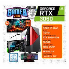 CPU GAMING INTEL CORE I7 8700 + RTX 3060 8GB +16GB + SSD 500GB + MONITOR 24 +KIT