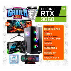 CPU GAMING INTEL CORE I7 8700 + RTX 3060 8GB +16GB + SSD 500GB + MONITOR 24 +KIT