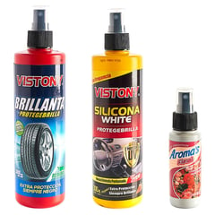 VISTONY - Kit de Limpieza para Auto Silicona White 300 ml + Brillanta 300 ml + Aromatizador Floral 59 ml