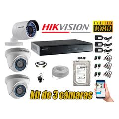 HIKVISION - Kit 3 Cámaras de Seguridad Full HD 1080p Disco 500GB Vigilancia + Kit de Herramientas Gratis