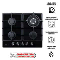 KLIMATIC - Cocina Empotrable Trevi a Gas 4 Hornillas Negro 60 Pro