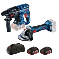 BOSCH - Amoladora Inalámbrica 18V GWS 180-LI + Rotomartillo Inalámbrico 18V GBH 180-LI Brushless + 2 Baterías + Maletín de Plástico