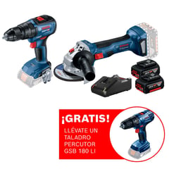 BOSCH - Amoladora inalámbrica 18V GWS 180-LI + Taladro Atornillador percutor GSB 18V-50 Brushless + 2 baterías + maletín plástico + Regalo: Taladro Atornillador Percutor GSB 180-LI