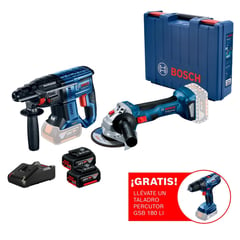 BOSCH - Amoladora inalámbrica 18V GWS 180-LI + Rotomartillo inalámbrico 18 V GBH 180-LI Brushless+ 2 baterías + maletín plástico + Regalo: Taladro Atornillador Percutor GSB 180-LI