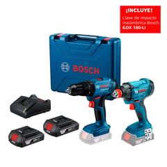 BOSCH - Taladro percutor atornillador 18V GSB 183-LI + Llave de impacto inalámbrica 18V GDX 180-LI 1+ 2 Baterías + Maletín de plástico