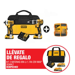 DEWALT - Kit Taladro Percutor 1/2" 20V + Atornillador de Impacto 1/4" 20V + Cargador + Regalo: Kit 2 Bat 1.7AH 20V + 1 Carg + Maletin de lona