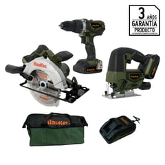 BAUKER - Combo Carpintero Inalámbrico Taladro percutor ½ 18V + Sierra Circular 7 ¼ 18v + Sierra Caladora 18v + Maletín + Cargador + Batería