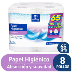 TOTTUS - Papel Higiénico Doble Hoja 65 mtrs x 8