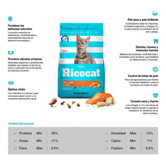 RICOCAT - Comida para gatos adultos sabor pollo sardina y salmón de 9 kg