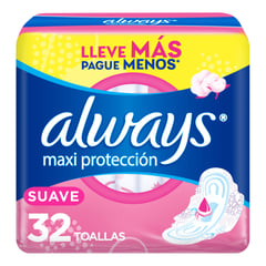 ALWAYS - Toallas Higiénicas Suave Maxi Protección con Alas 32 Unidades