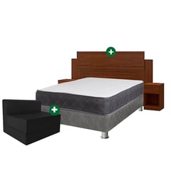 FORLI - Combo Cama Samay Cacao 2 Plazas + Cabecera + 2 Veladores + Sofá Cama - Set de dormitorio