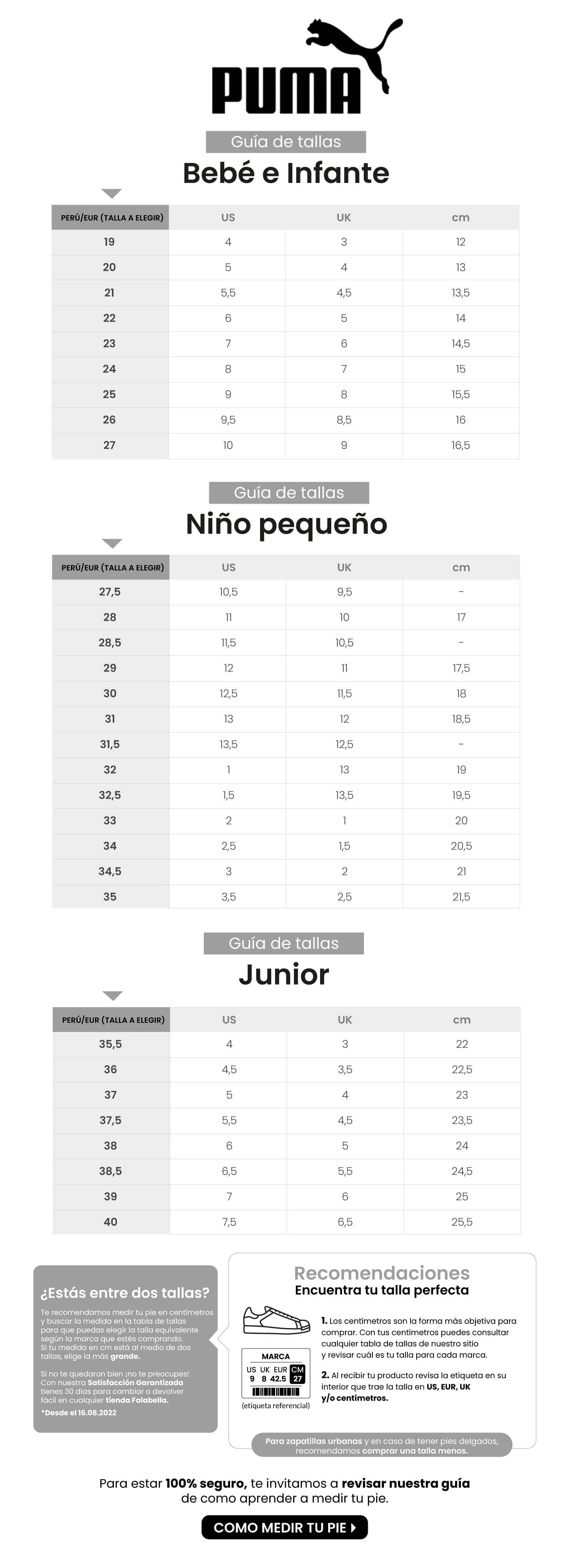 Table medidas PUMA Infantil