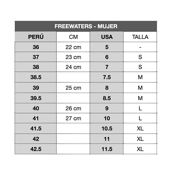 guia talla calzado freewaters